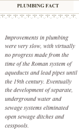 ￼
￼
￼
￼

Improvements in plumbing were very slow, with virtually no progress made from the time of the Roman system of aqueducts and lead pipes until the 19th century. Eventually the development of separate, underground water and sewage systems eliminated open sewage ditches and cesspools.