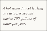A hot water faucet leaking one drip per second wastes 200 gallons of water per year.